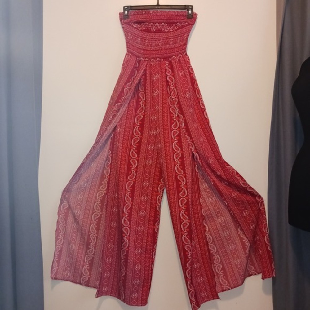 Red Paisley‎ Boho Bohemian Tube Top Wide Flared Slit Leg Jumpsuit S